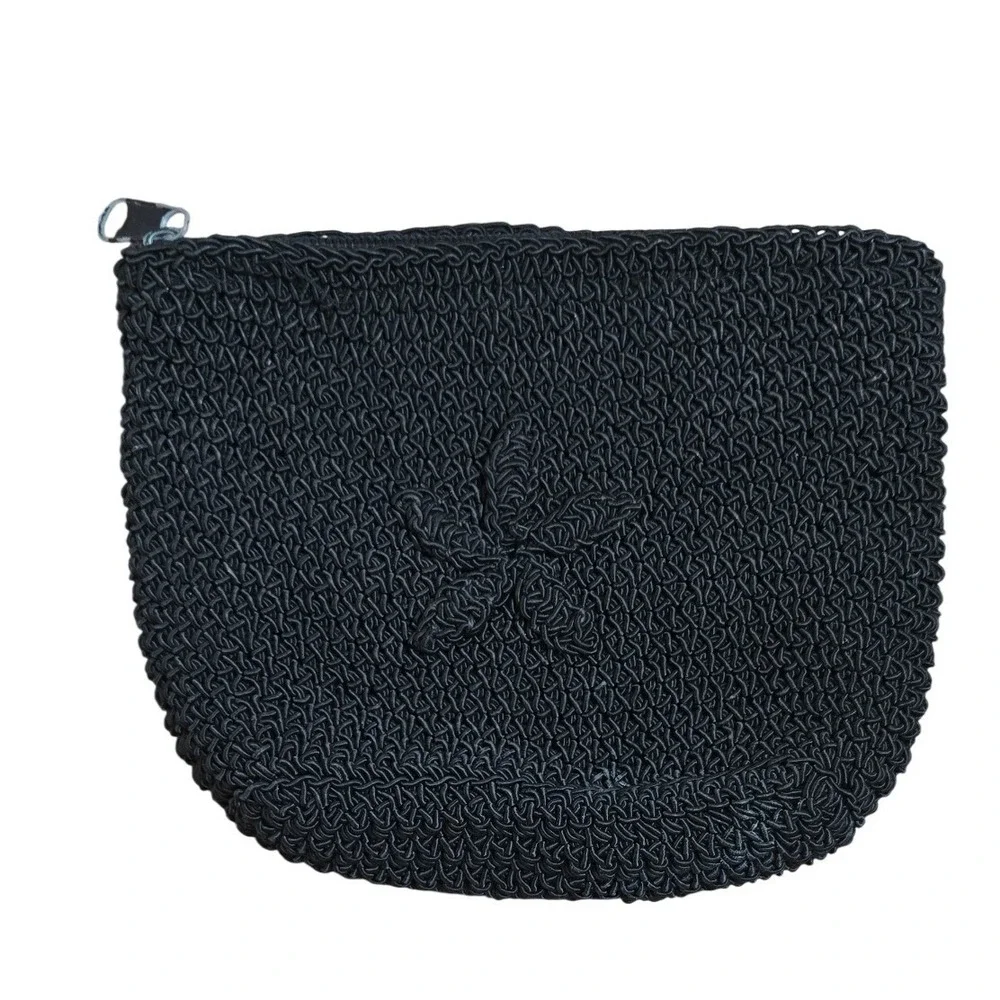 Vintage black shining macrame hand woven zipper pouch black with daisy 7x5x2